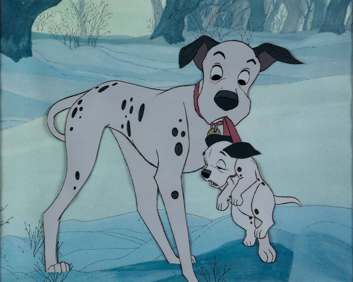 (WALT DISNEY STUDIOS.) ONE HUNDRED AND ONE DALMATIONS. Pongo Carrying Lucky through the Snow.